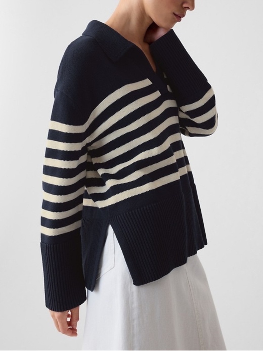 GAP Navy and Cream Striped V-Neck Sweater